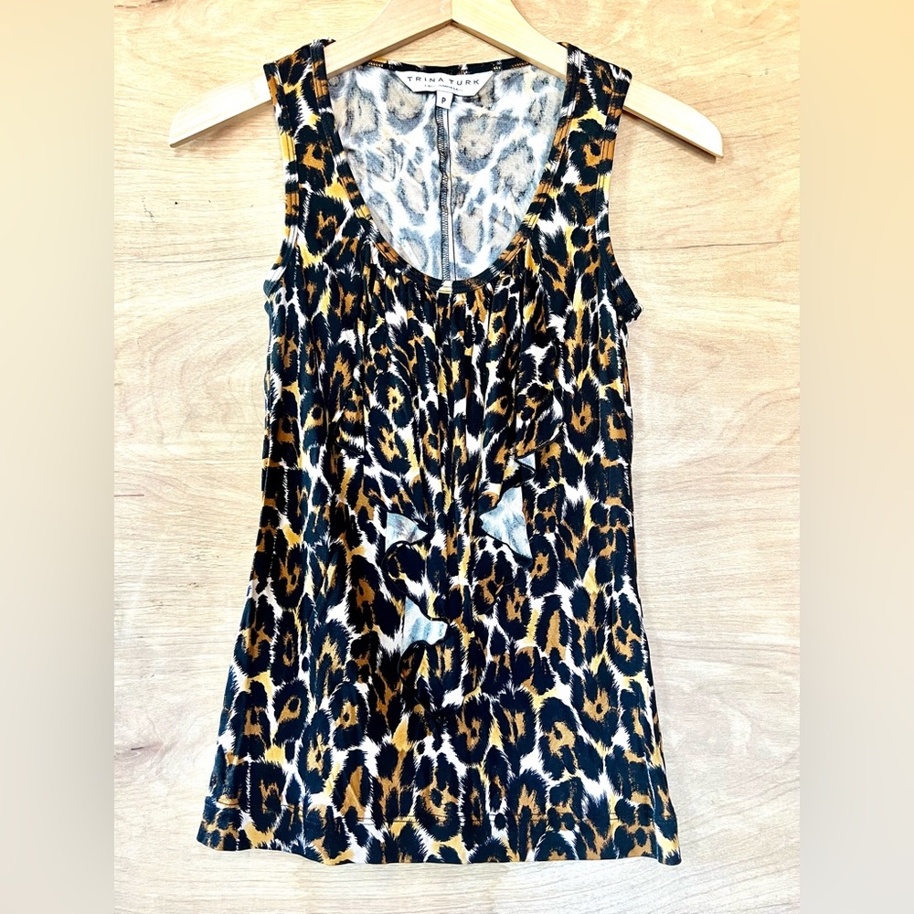 Y2K 🐆Trina Turk 🐆 Sz P Small Leopard Print 100% Silk Jersey Tank Top w/ Ruffle